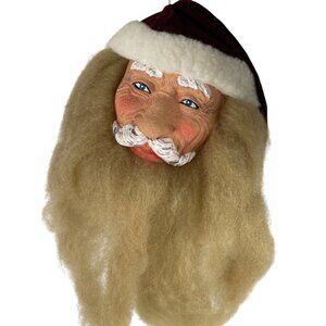 Vintage 1989 K.M. Santa Claus Head Ornament With Faux Wool Beard & Velvet Hat